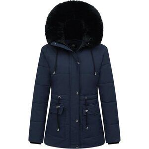 Women's Navy Detachable Hood Puffer Jacket Coat Fleece Lined Winter Faux Fur